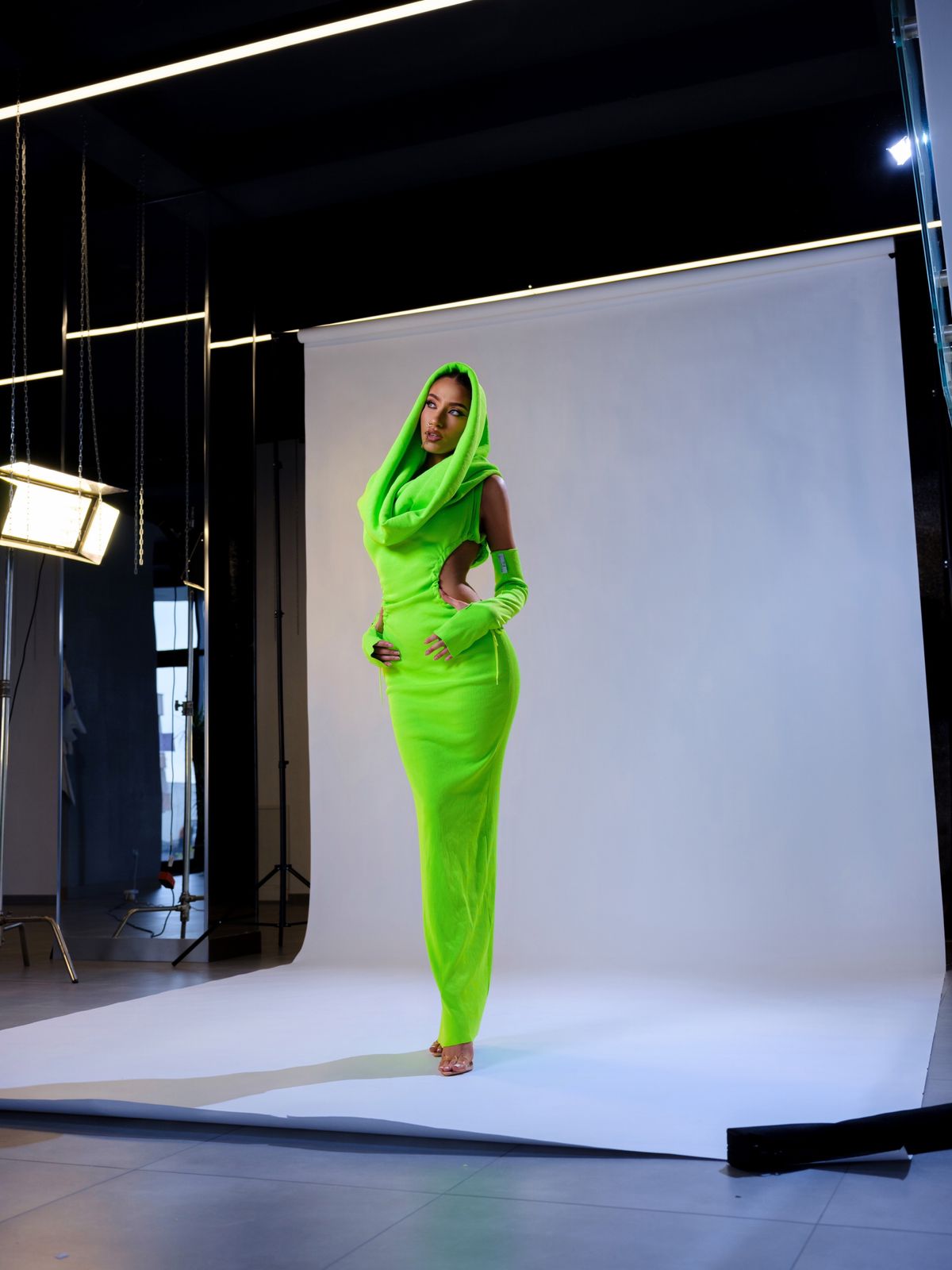 Green Neon Stretched Dress & Gloves