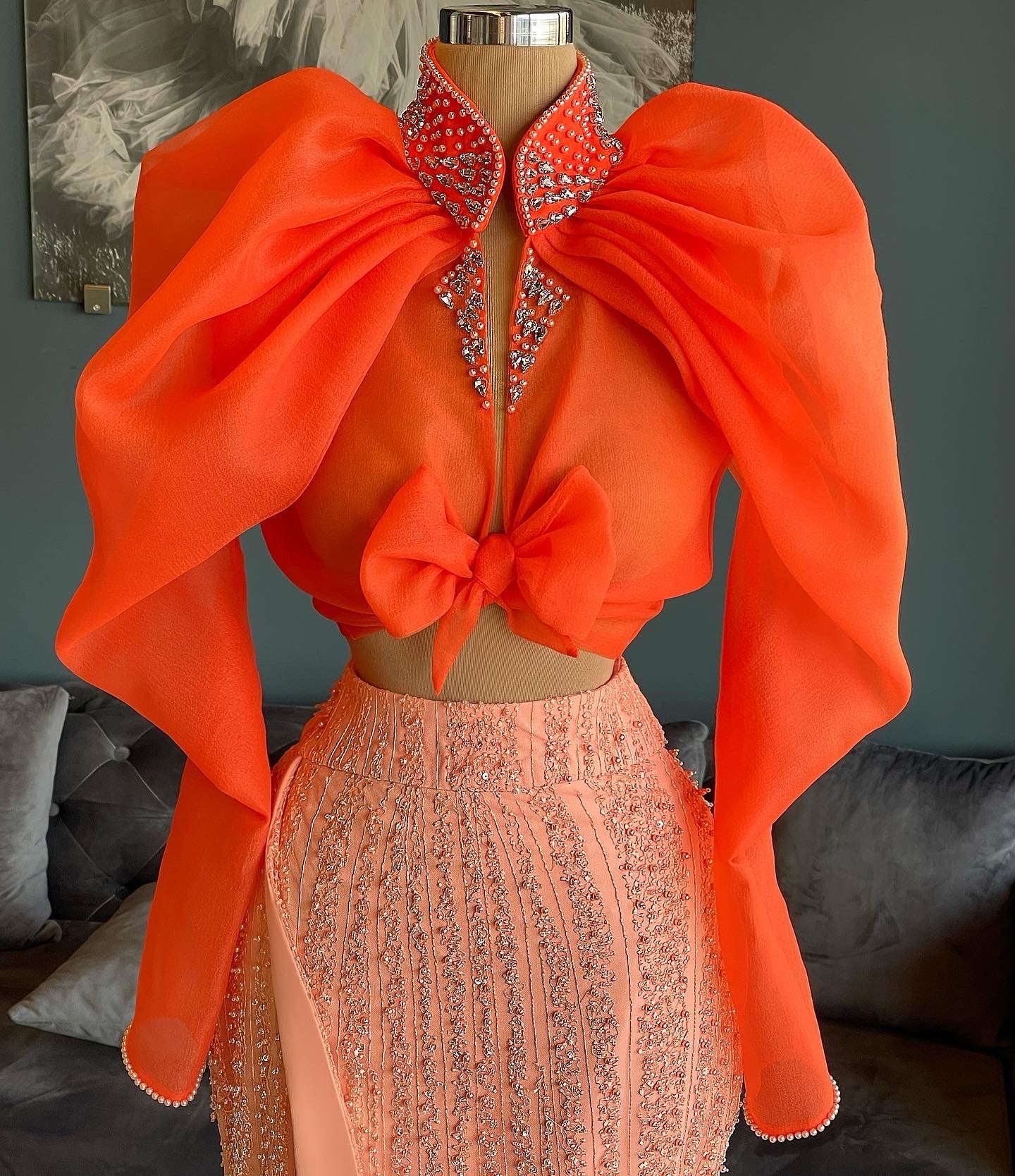 Orange Shirt & Peach Beaded Skirt