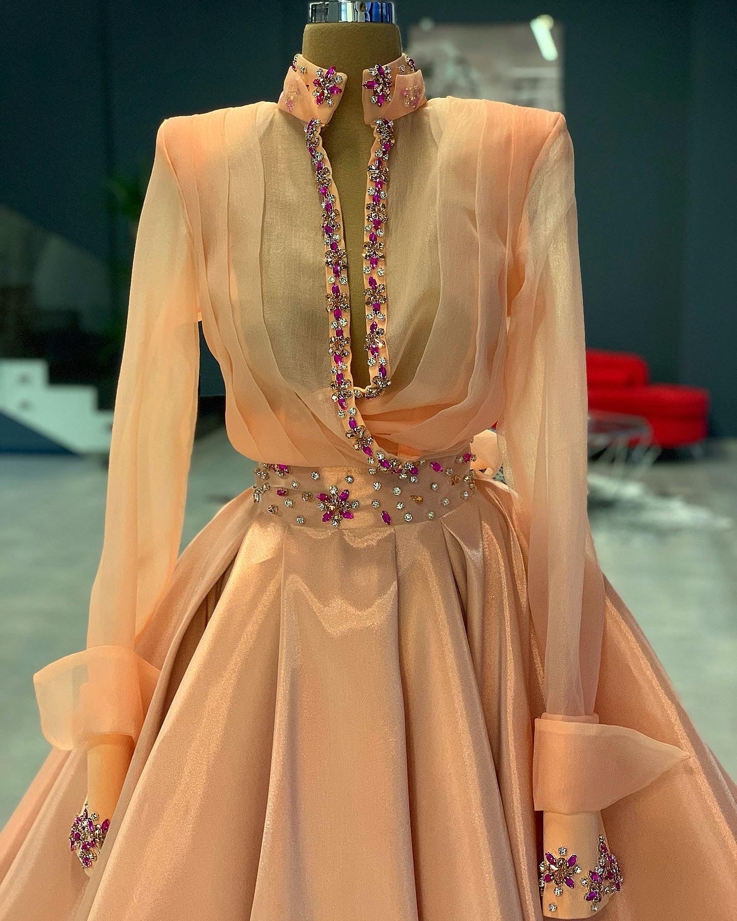 Peach Gown Shirt Organza Crystal Details
