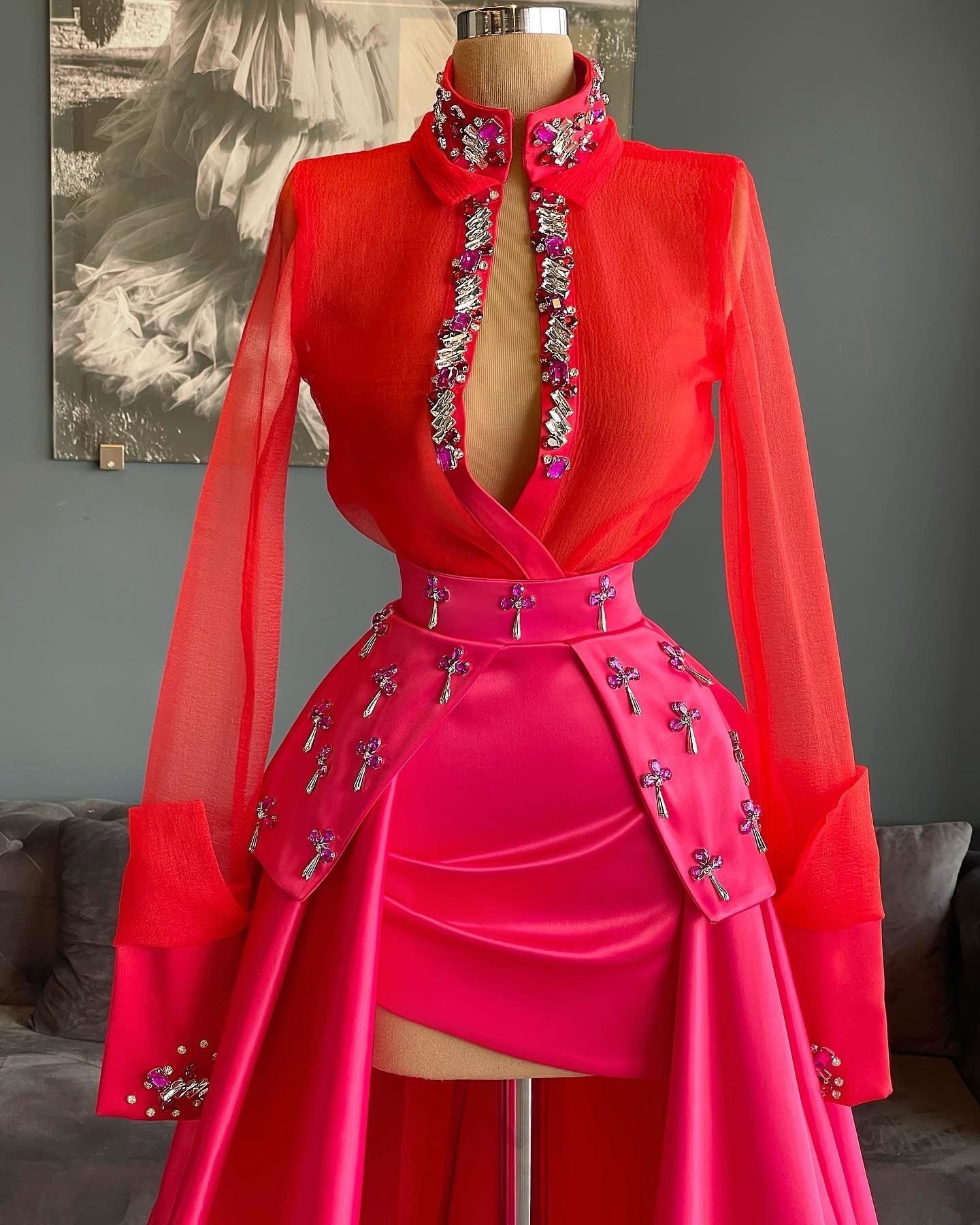 Organza Red Shirt & Pink Satin Gown