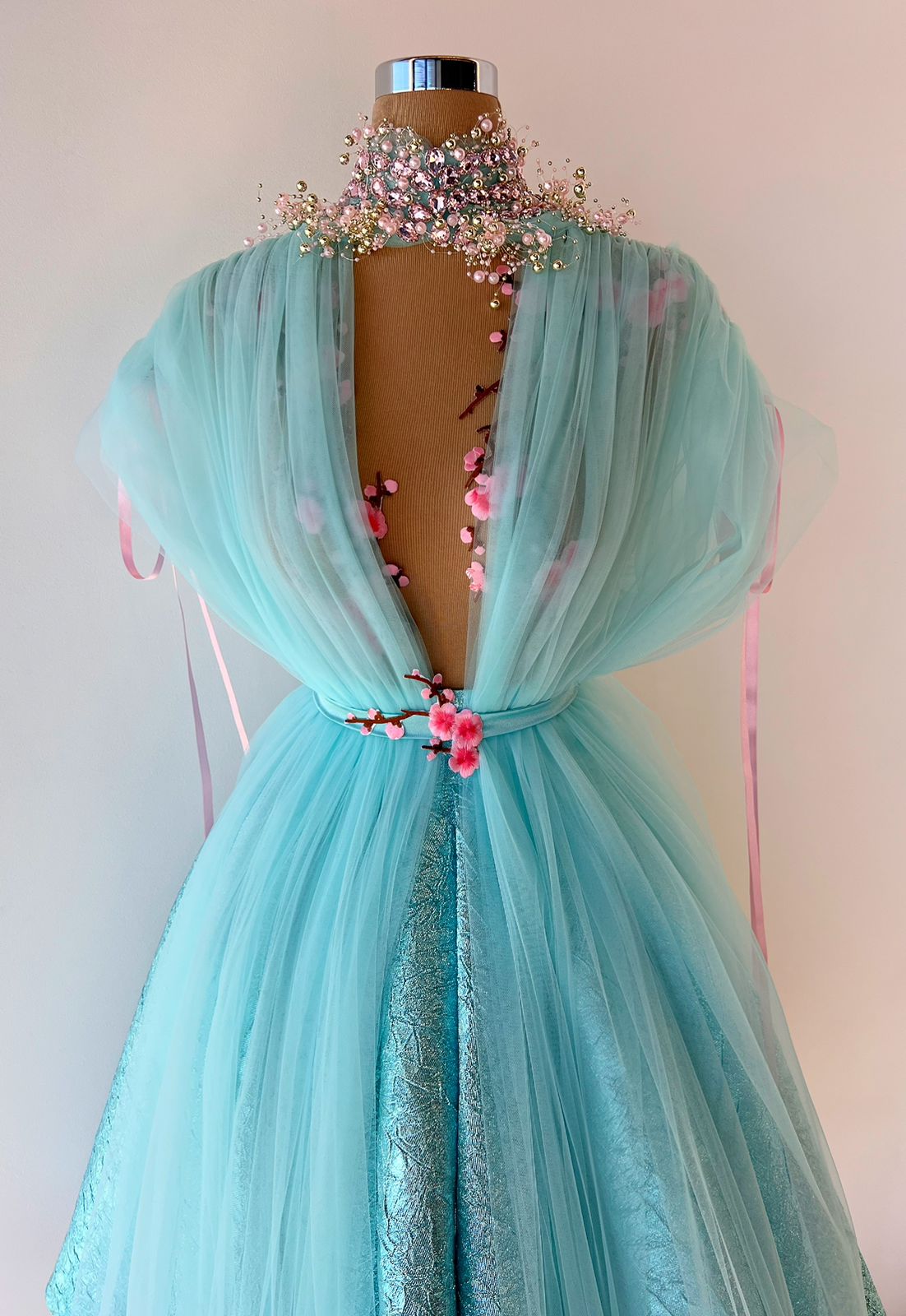 Turquoise Embroidered Feathers Gown – Dona Matoshi