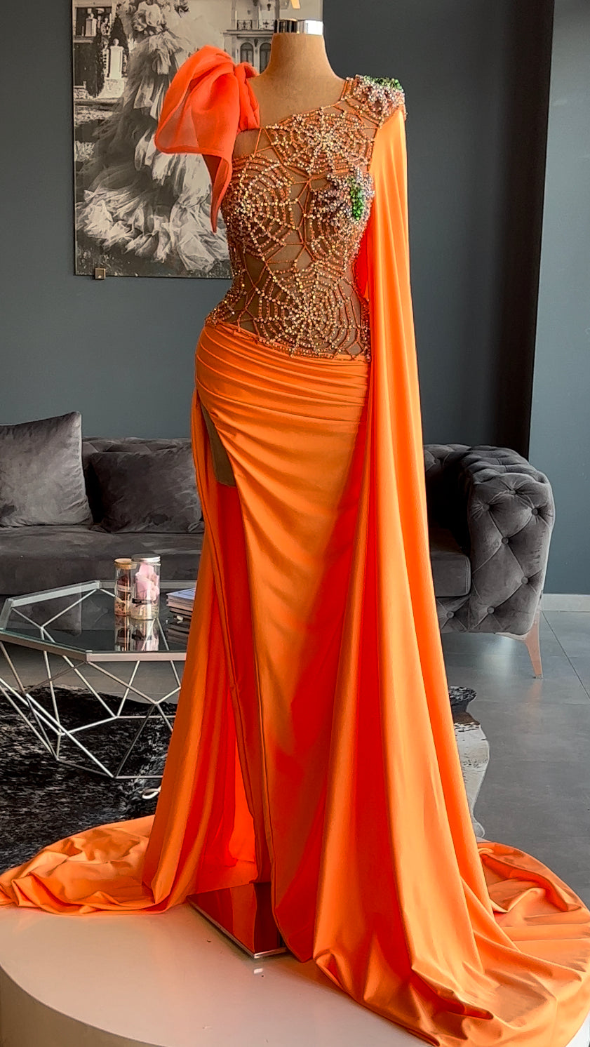 Spider Web Embellished Orange Gown