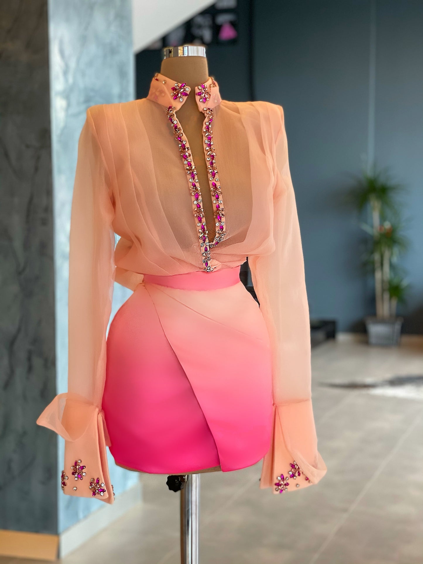 Ombre Skirt & Organza Peach Shirt
