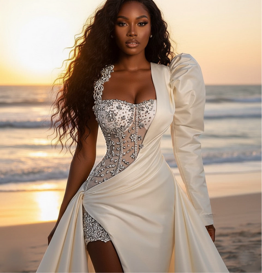 Embellished Bodice Drape Gown with Single Puffed Sleeve