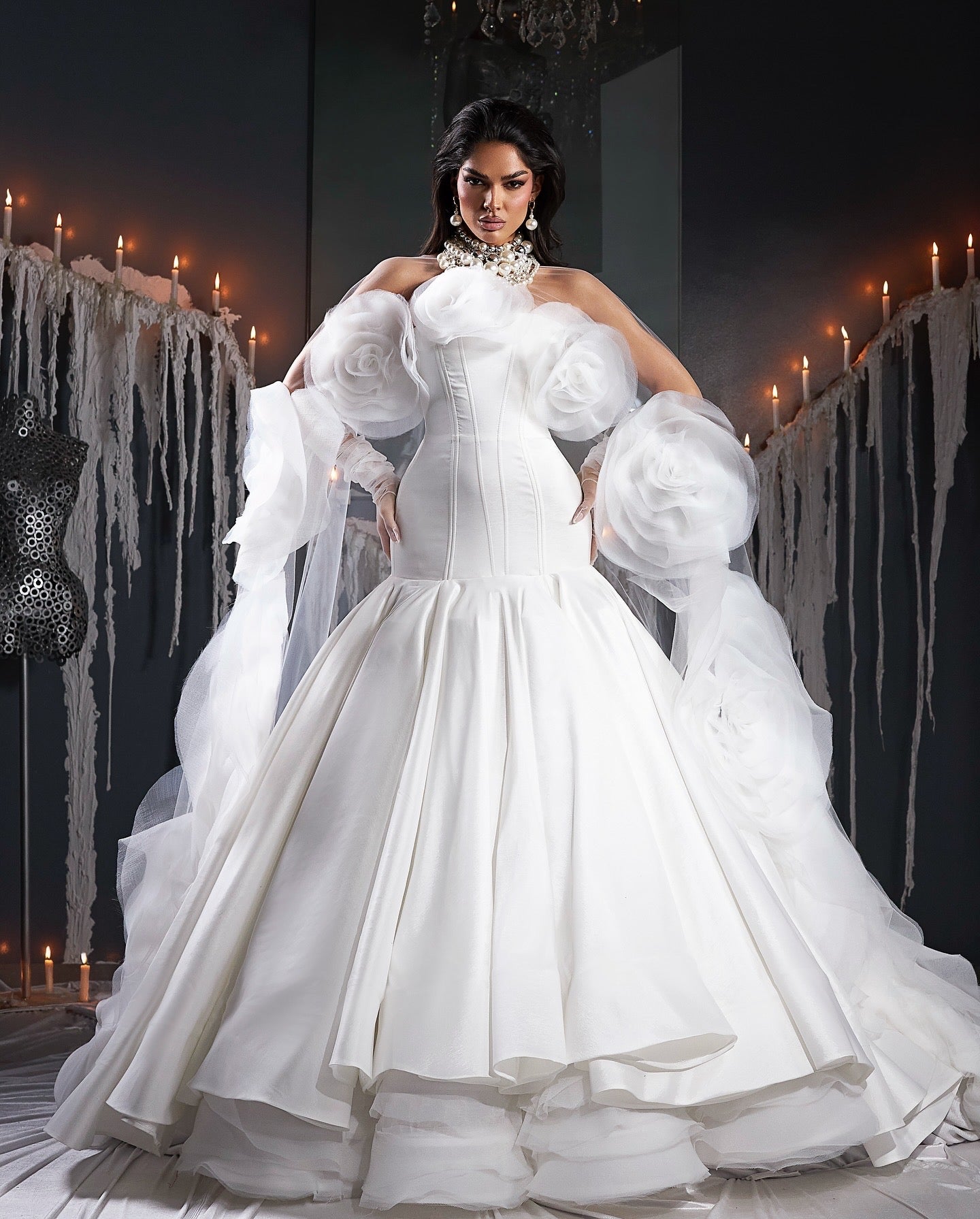 White Mermaid Gown & Rose Cape