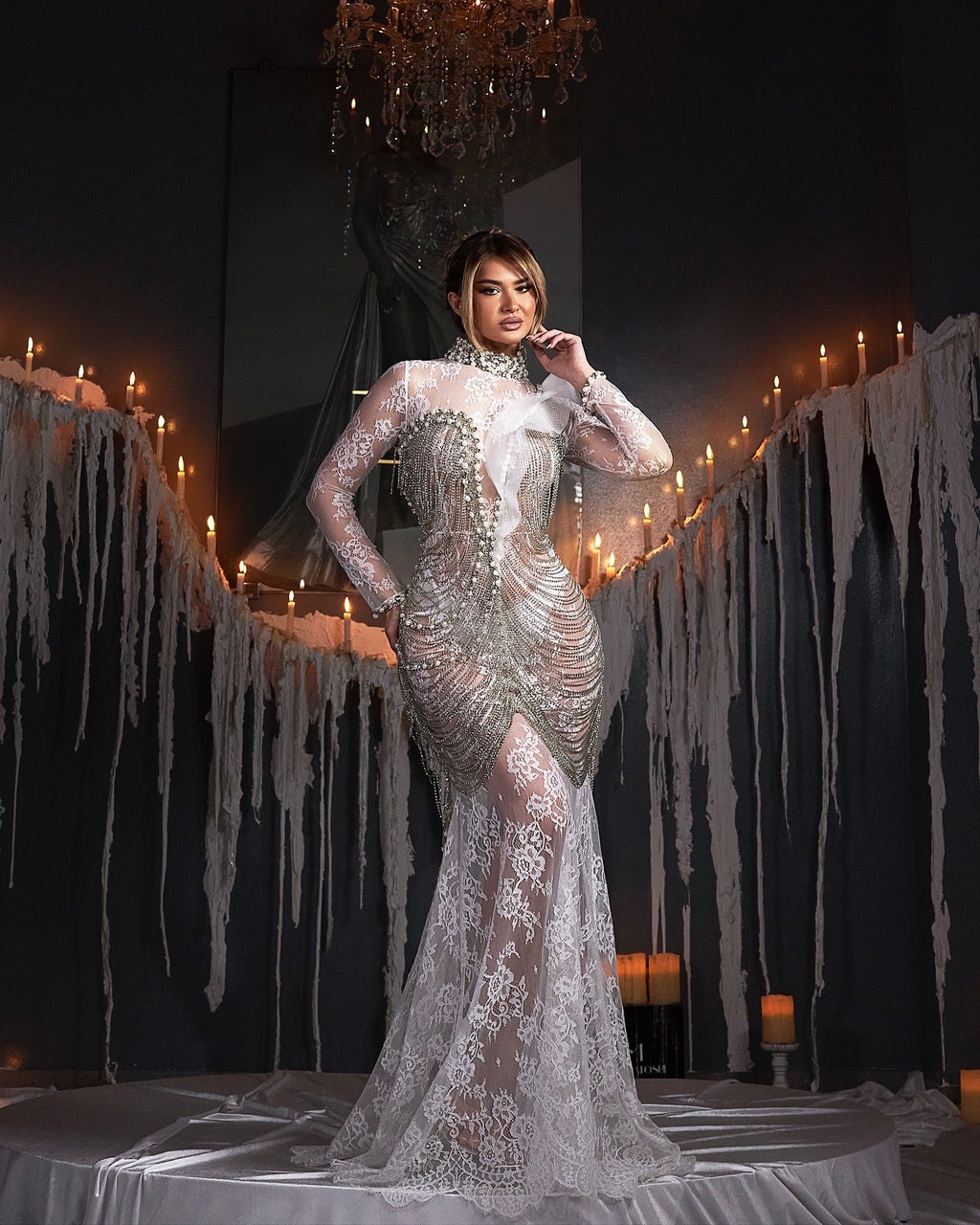 White Lace Crystals Embellished Dress