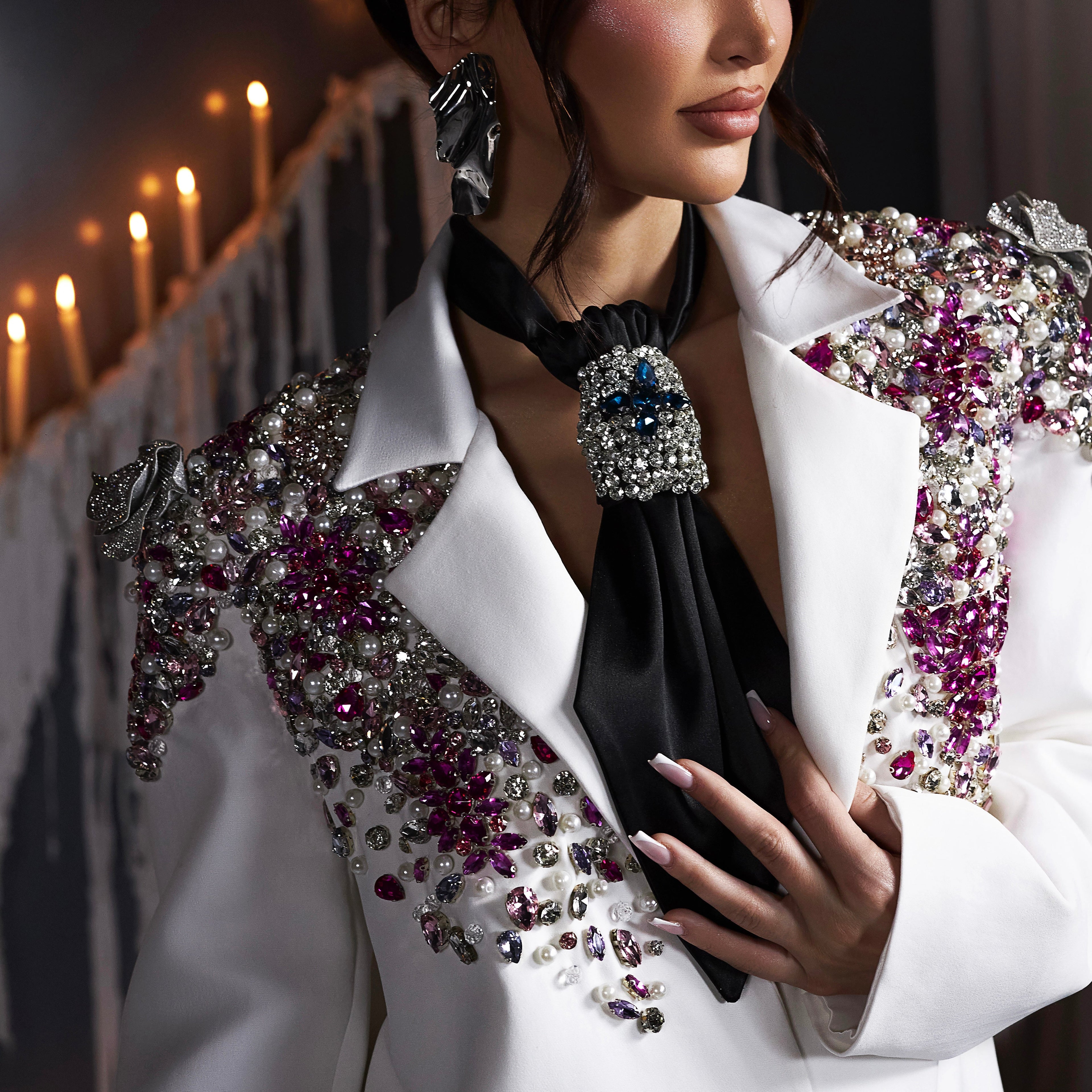 White Embellished Blazer & Black Tie