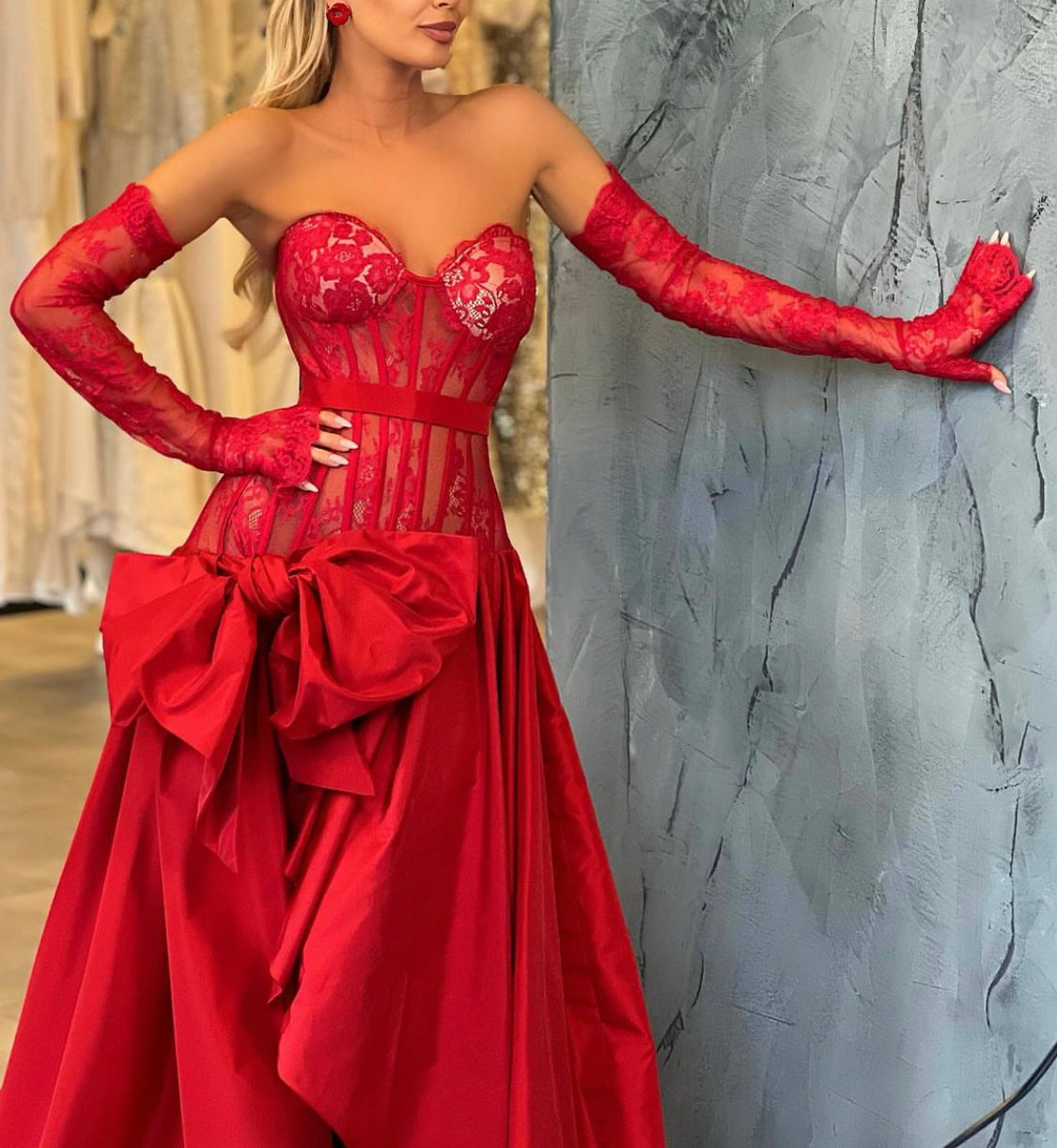 Red Bow Taffeta and Lace Gown