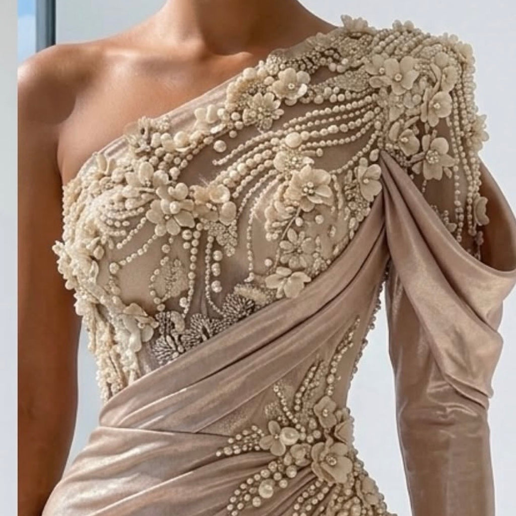 Cream Embellished One Shoulder Gown