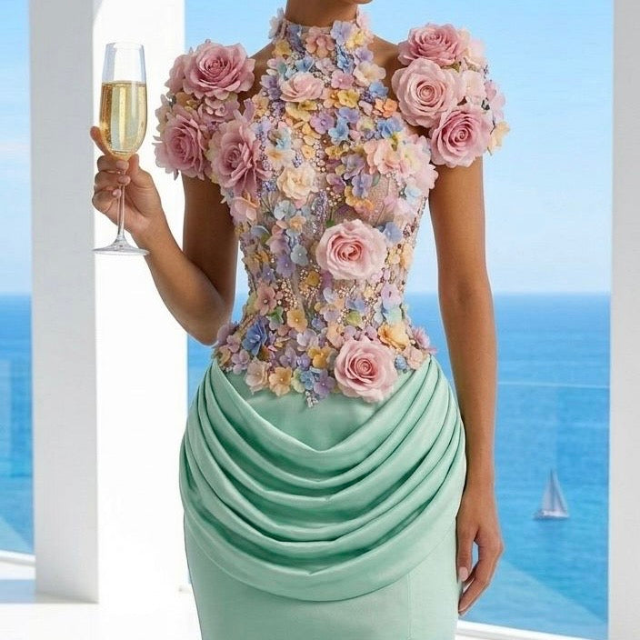 Full Neck Floral Turquoise Gown