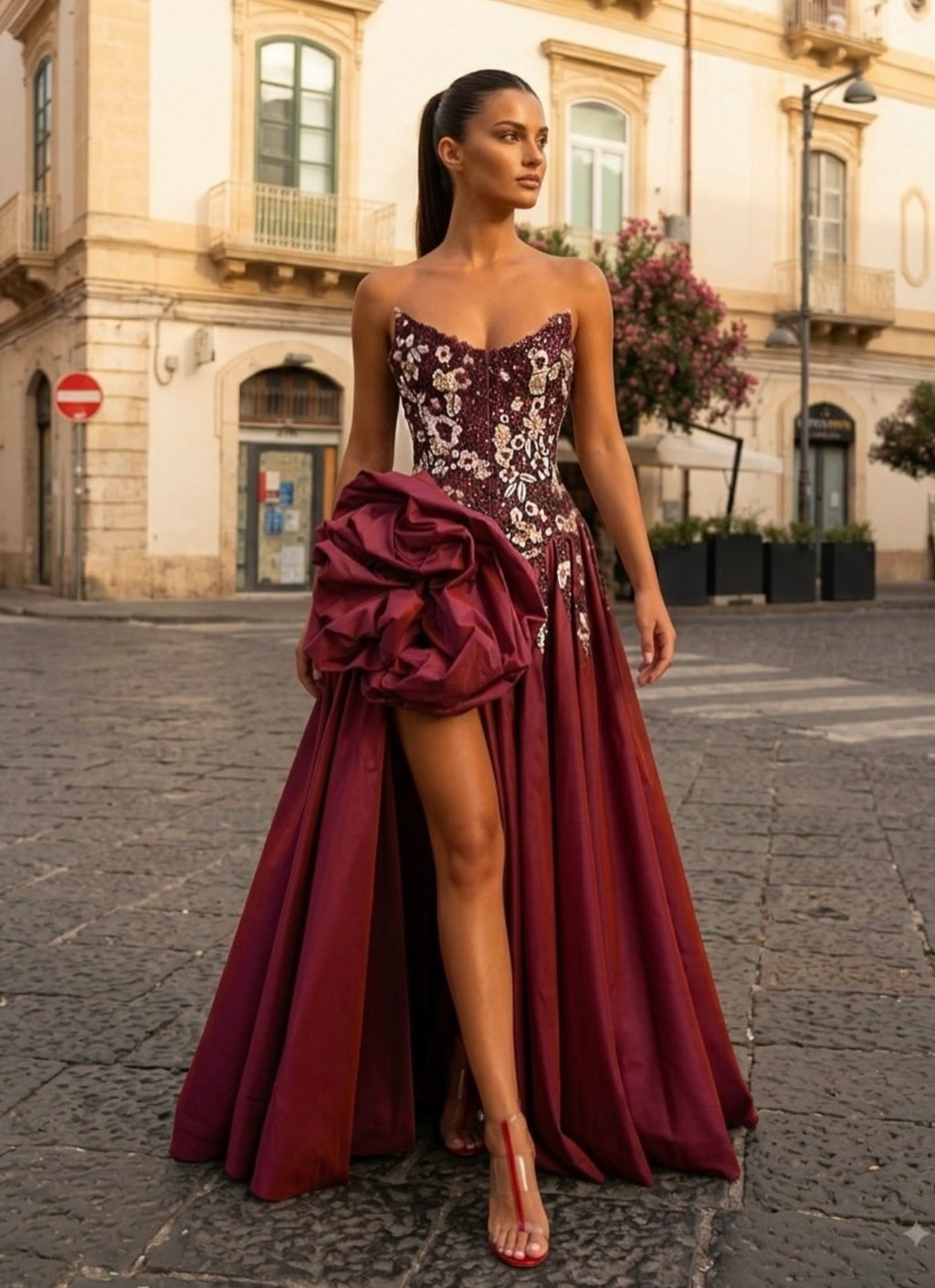 Cherry Red Floral Corset Gown