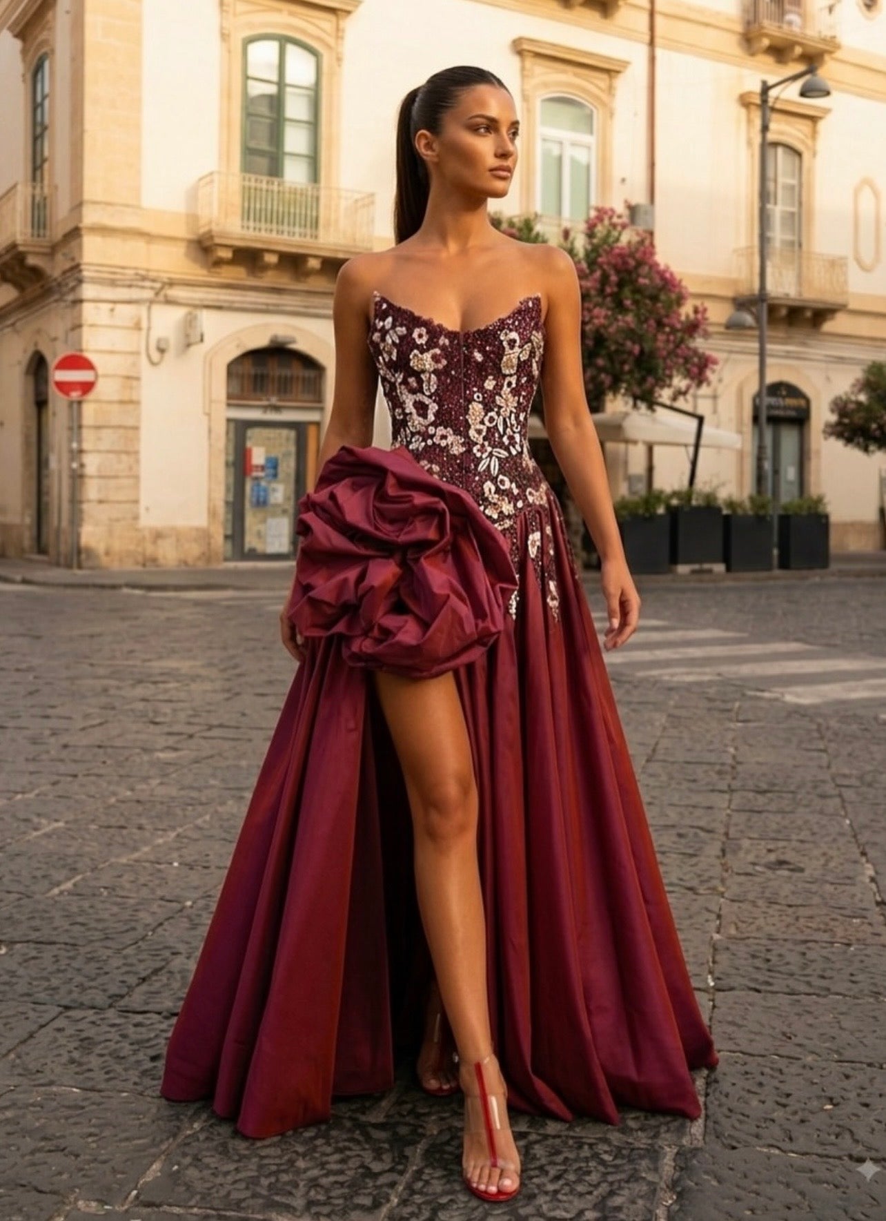 Cherry Red Floral Corset Gown