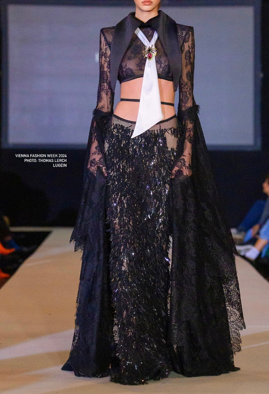 Black Lace Top & Fringes Long Skirt