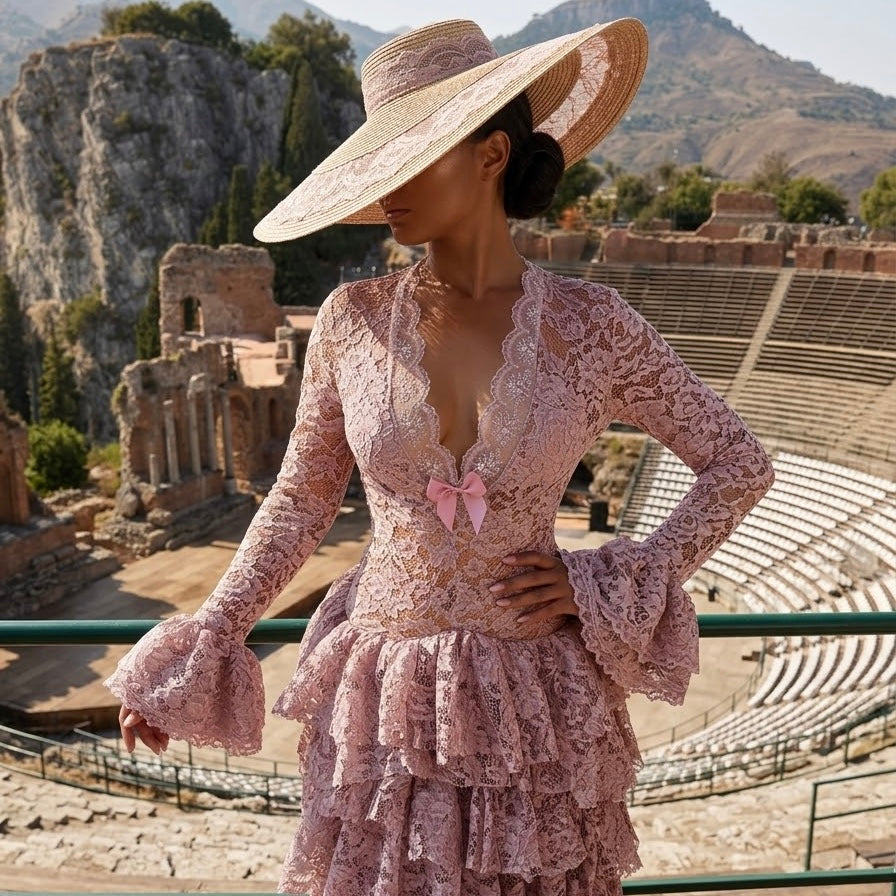 Nude Lace Ruffled Gown