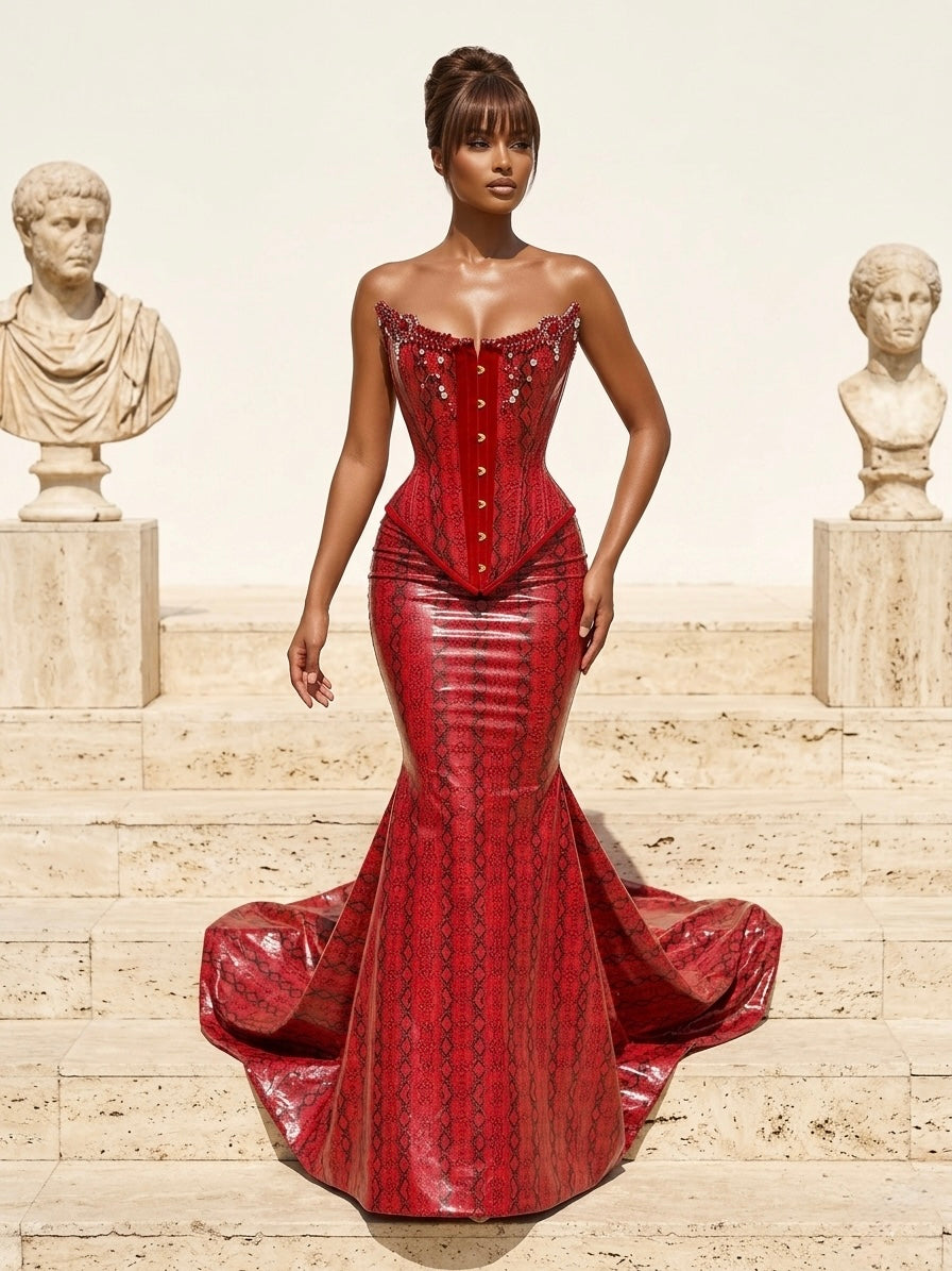 Red Snake Print Latex Gown