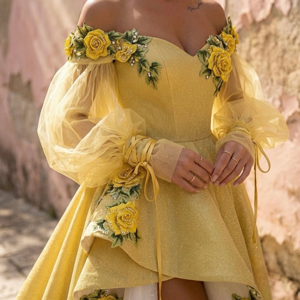 Yellow Floral Assymetric Gown