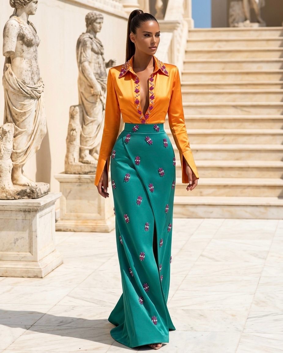 Camel Shirt & Green Long Skirt Set