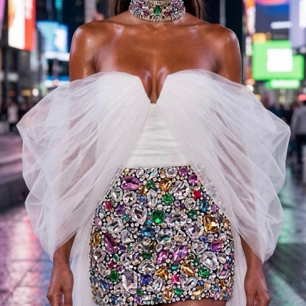 Crystal Embellished Skirt & White Cape Top
