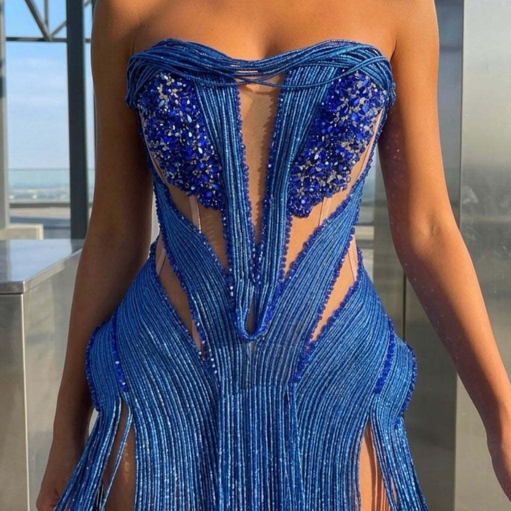 Blue Fringes Embroidered Dress