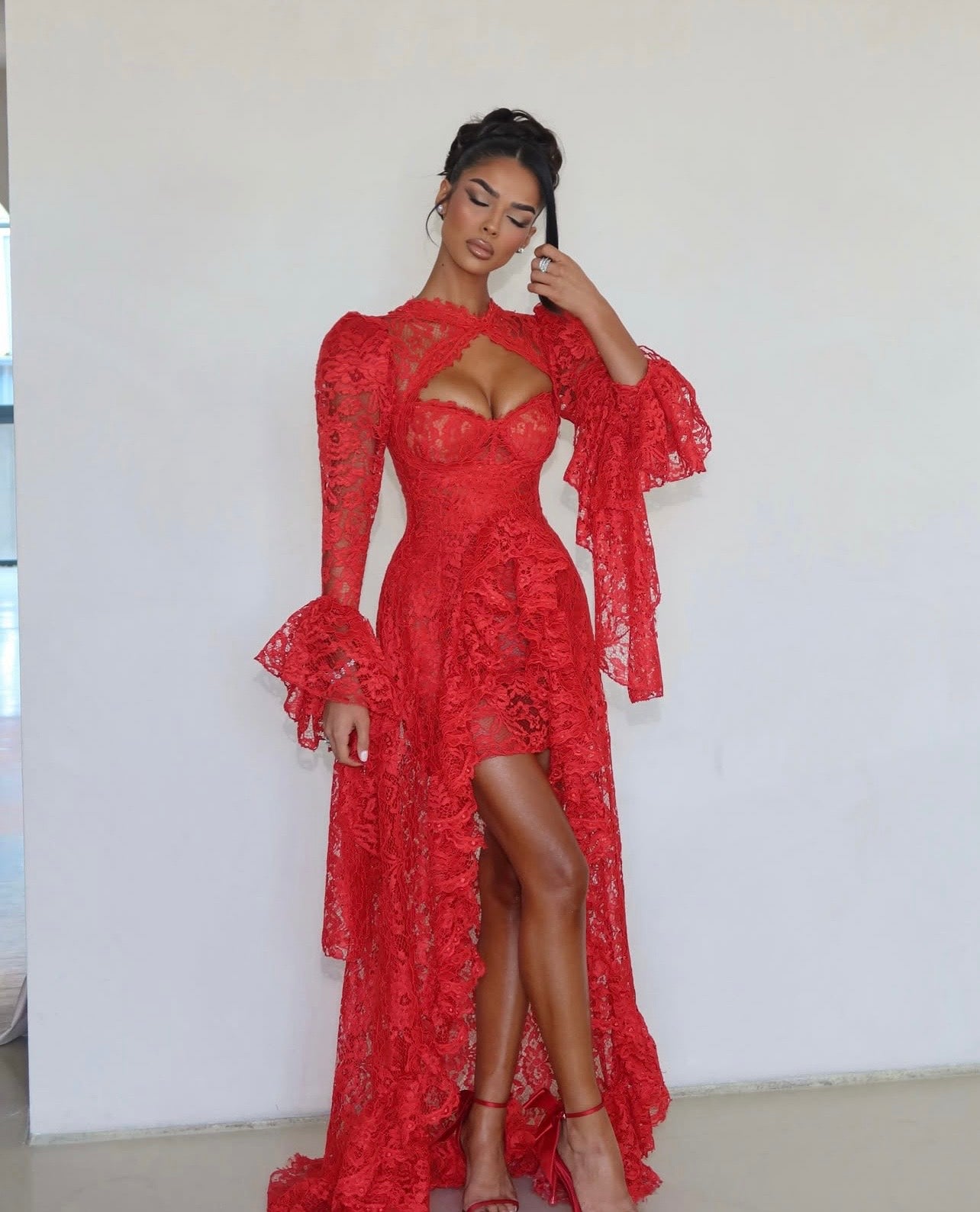 Red Lace Ruffle Gown