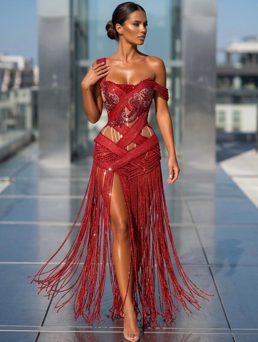 Red Fringes Embroidered Dress