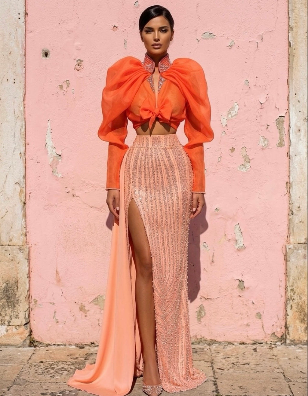 Orange Shirt & Peach Beaded Skirt