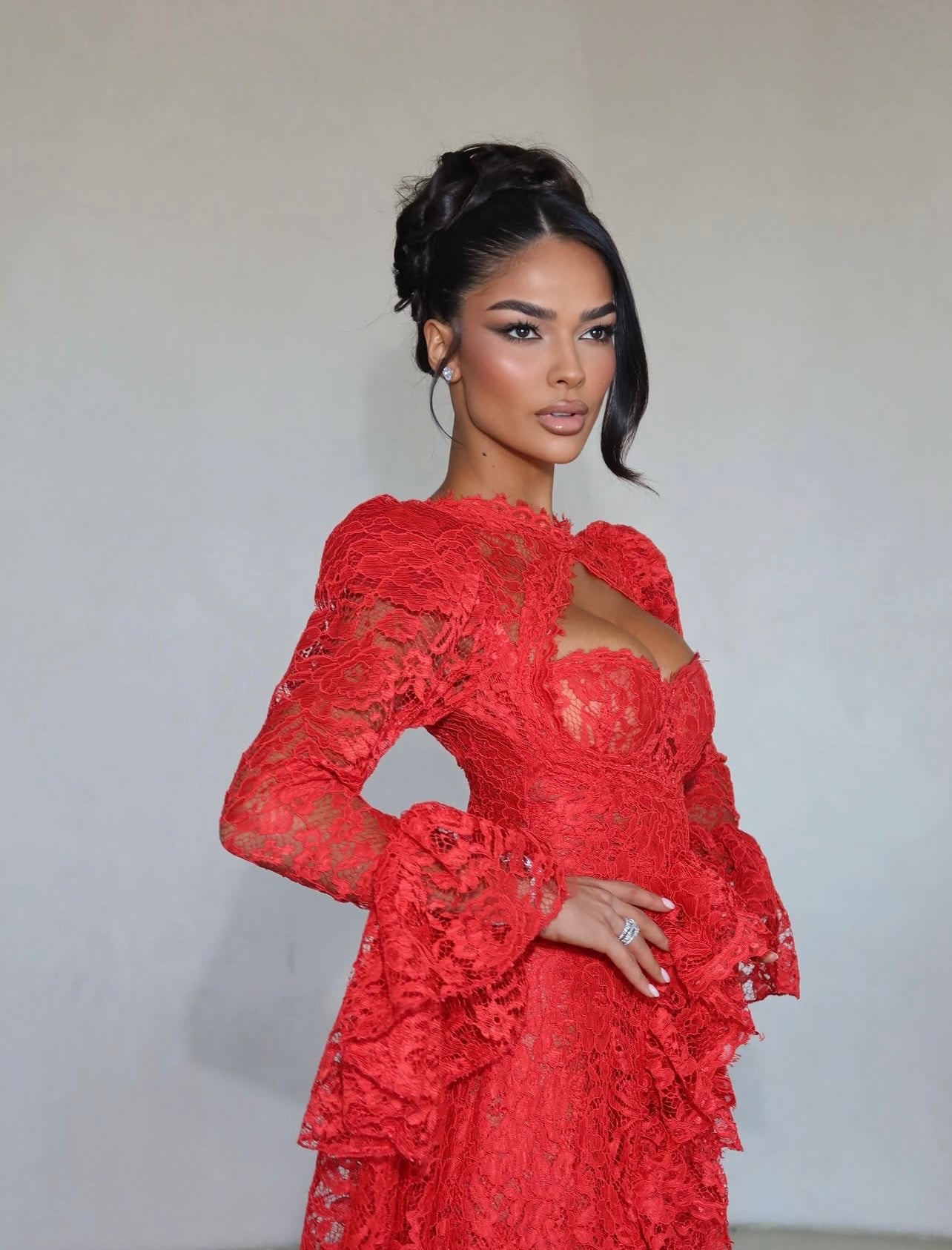 Red Lace Ruffle Gown