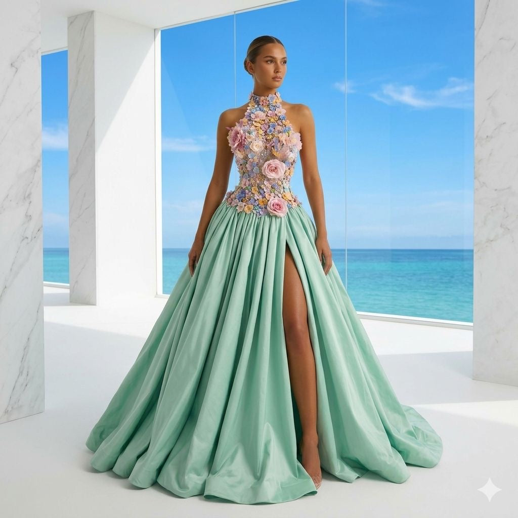 Full Neck Floral Turquoise Ball Gown