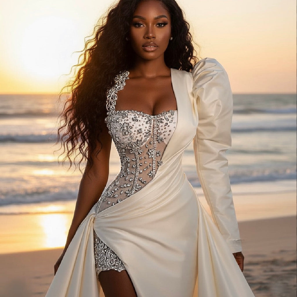 Embellished Bodice Drape Gown with Single Puffed Sleeve