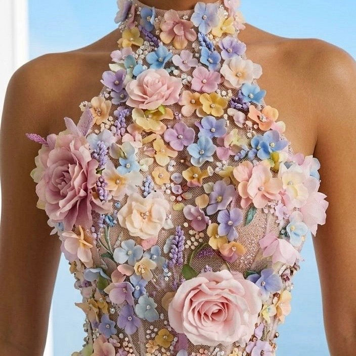 Full Neck Floral Turquoise Ball Gown