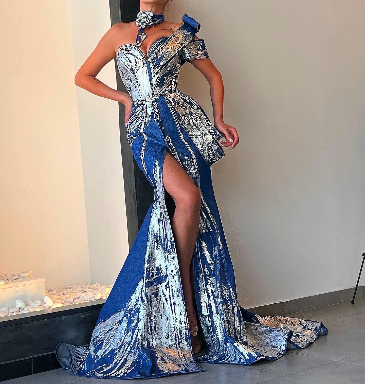 denim metallic dress Bandeau Metallic Foil Detail Mini Dress In Blue Denim | EGO US
