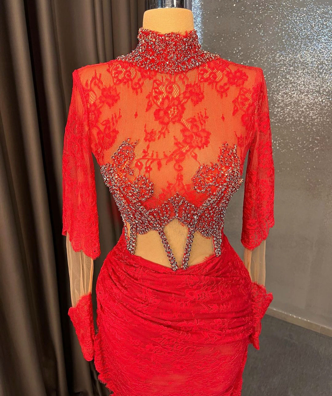 Red Lace Slit Gown Embellished in Red Crystals