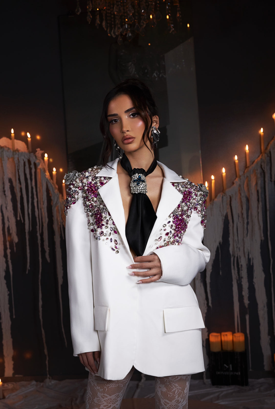 White Embellished Blazer & Black Tie