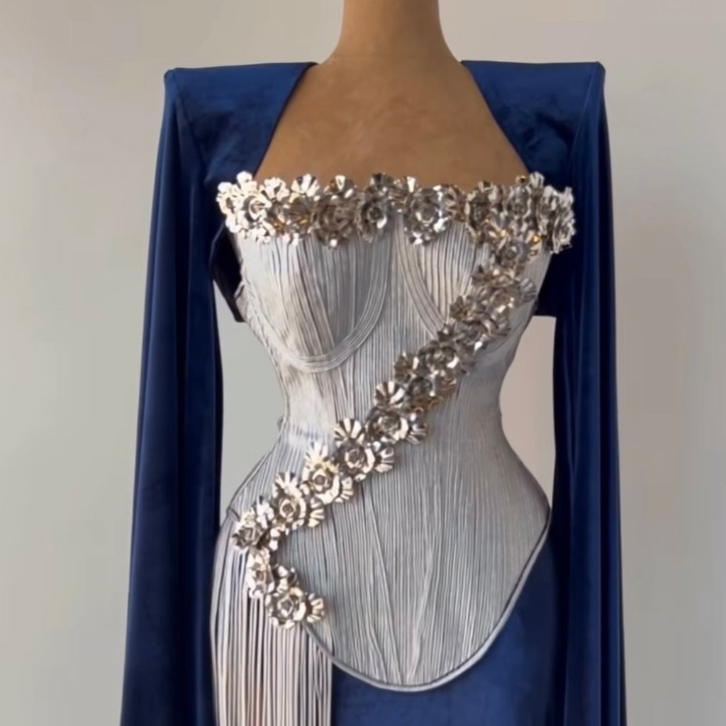 Silver Floral Corset & Blue Velvet Set