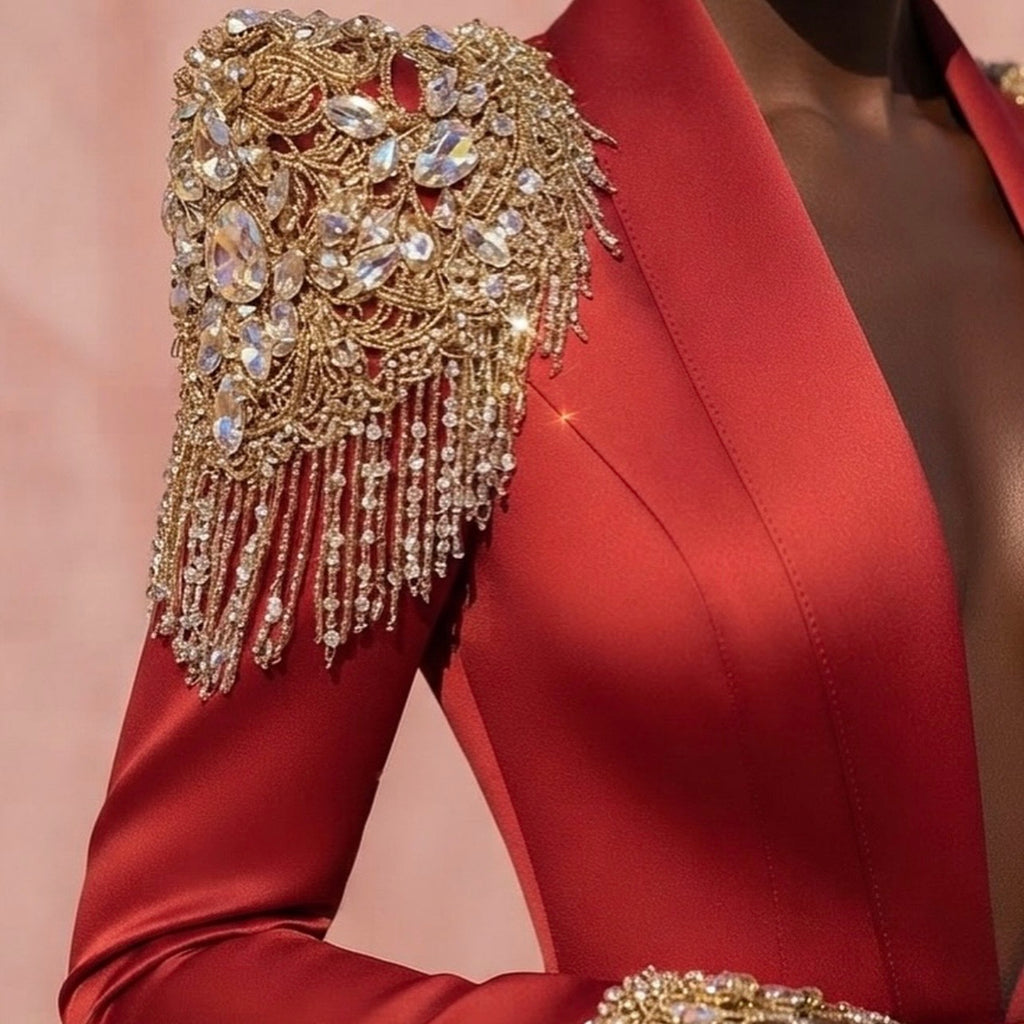 Red Blazer Gown with Gold Embellishments