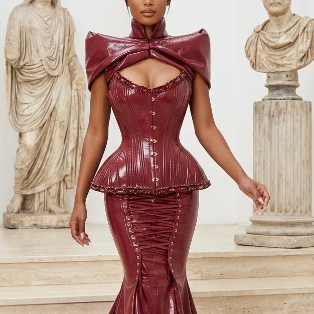 Cherry Red Latex Laced Gown