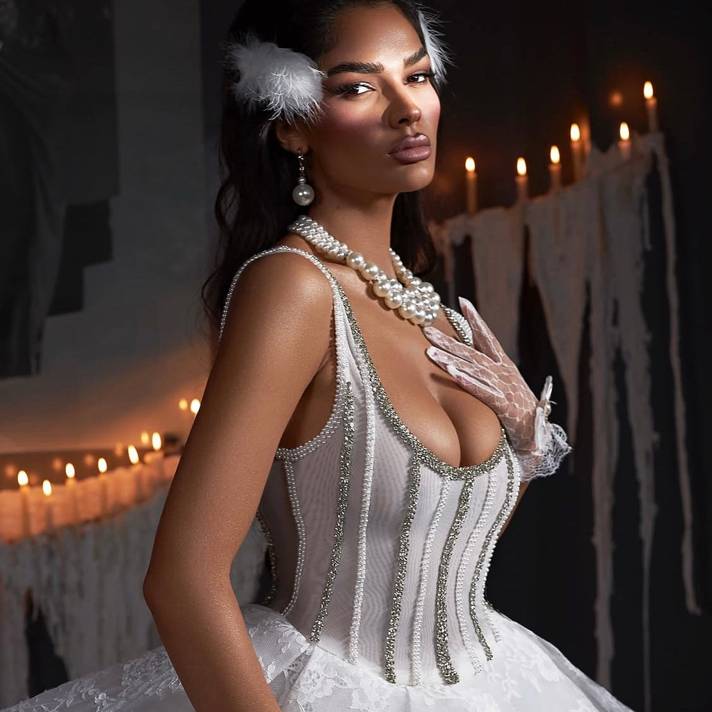 White Lace Assymetrical Wedding Gown