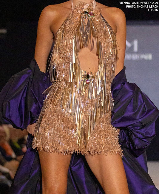 Nude Fringes Short Dress & Purple Taffeta Cape