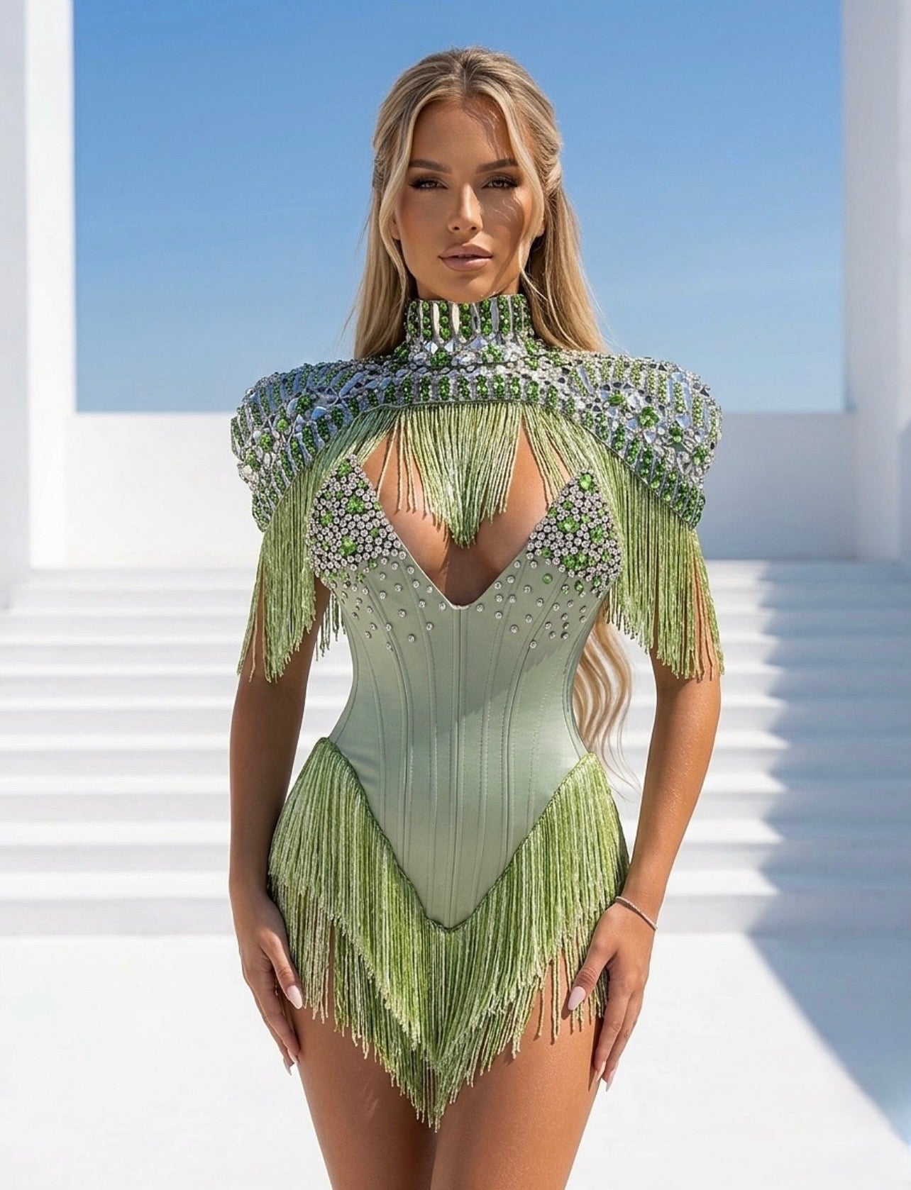 Green Fringes Embellished Dress