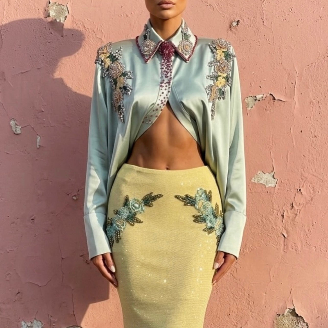 Olive Embellished Shirt & Glittery Yellow Skirt
