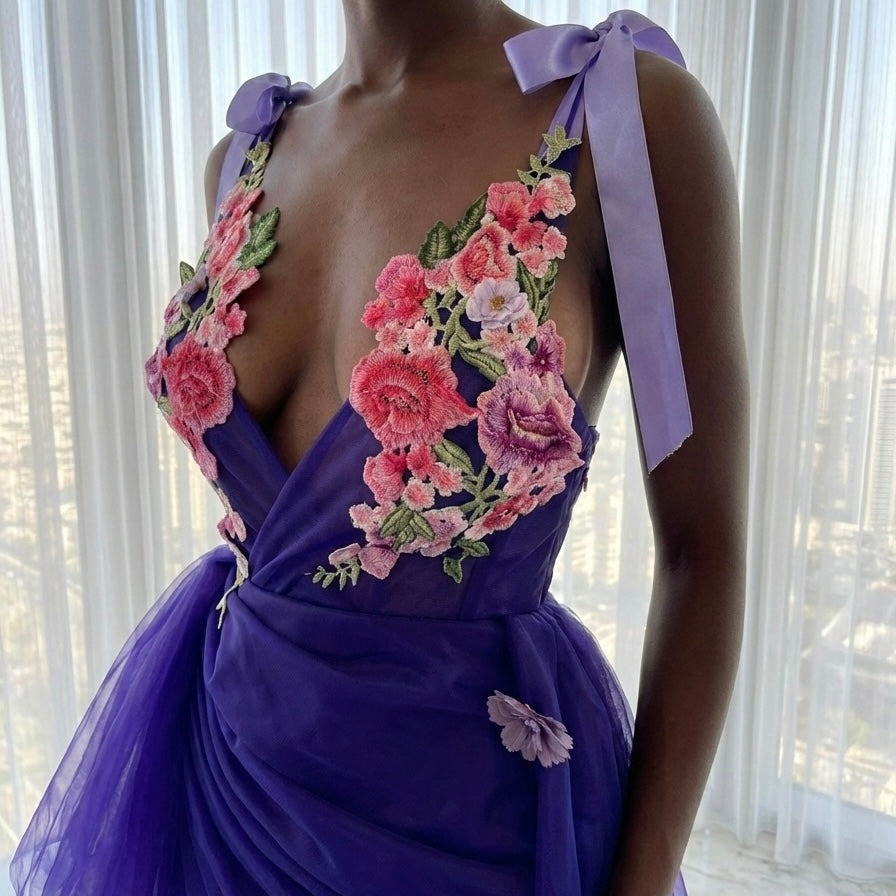 Purple Tulle Floral Details Gown