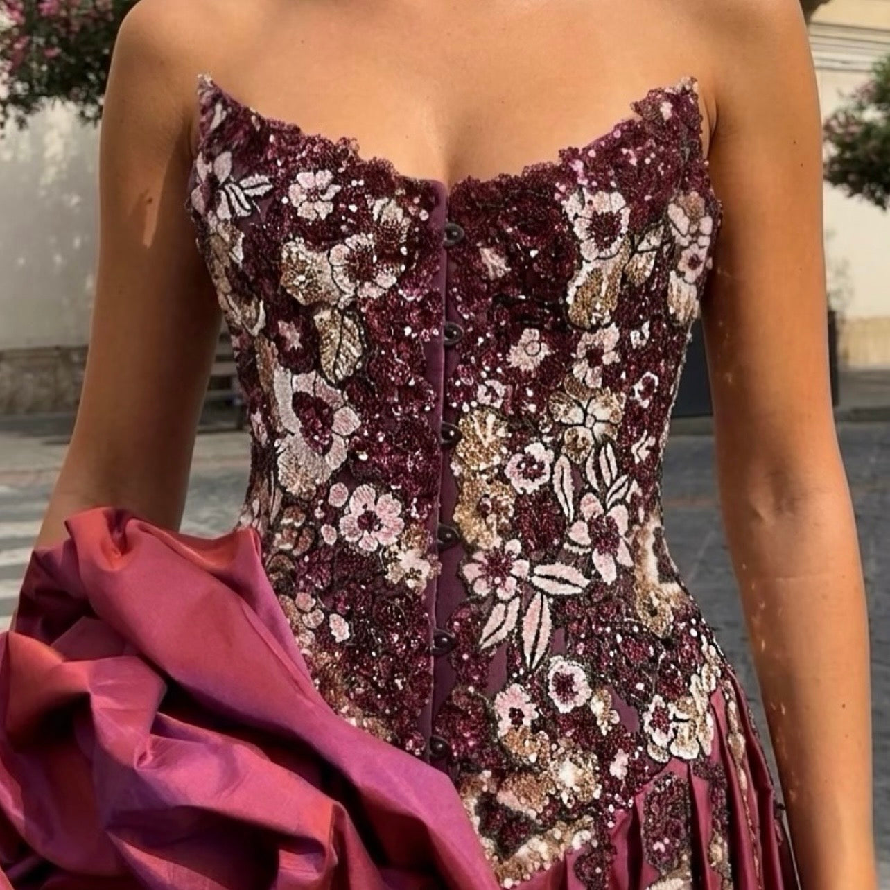 Cherry Red Floral Corset Gown