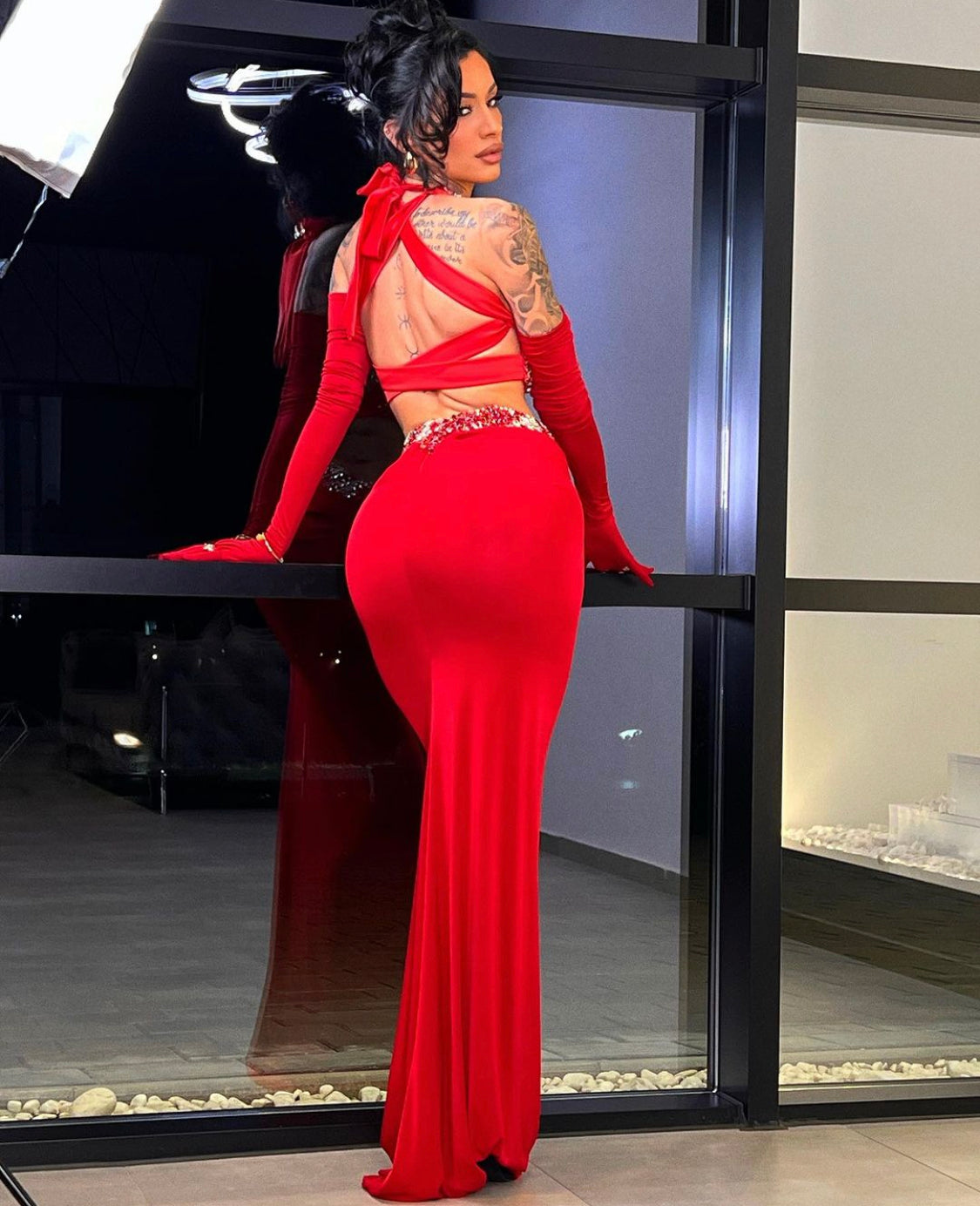 Red Crystal Top & Stretchy Skirt Set