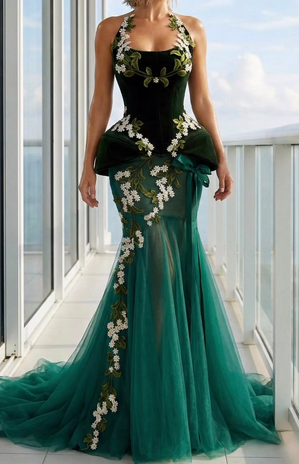 Green Gown with Chamomile floral details