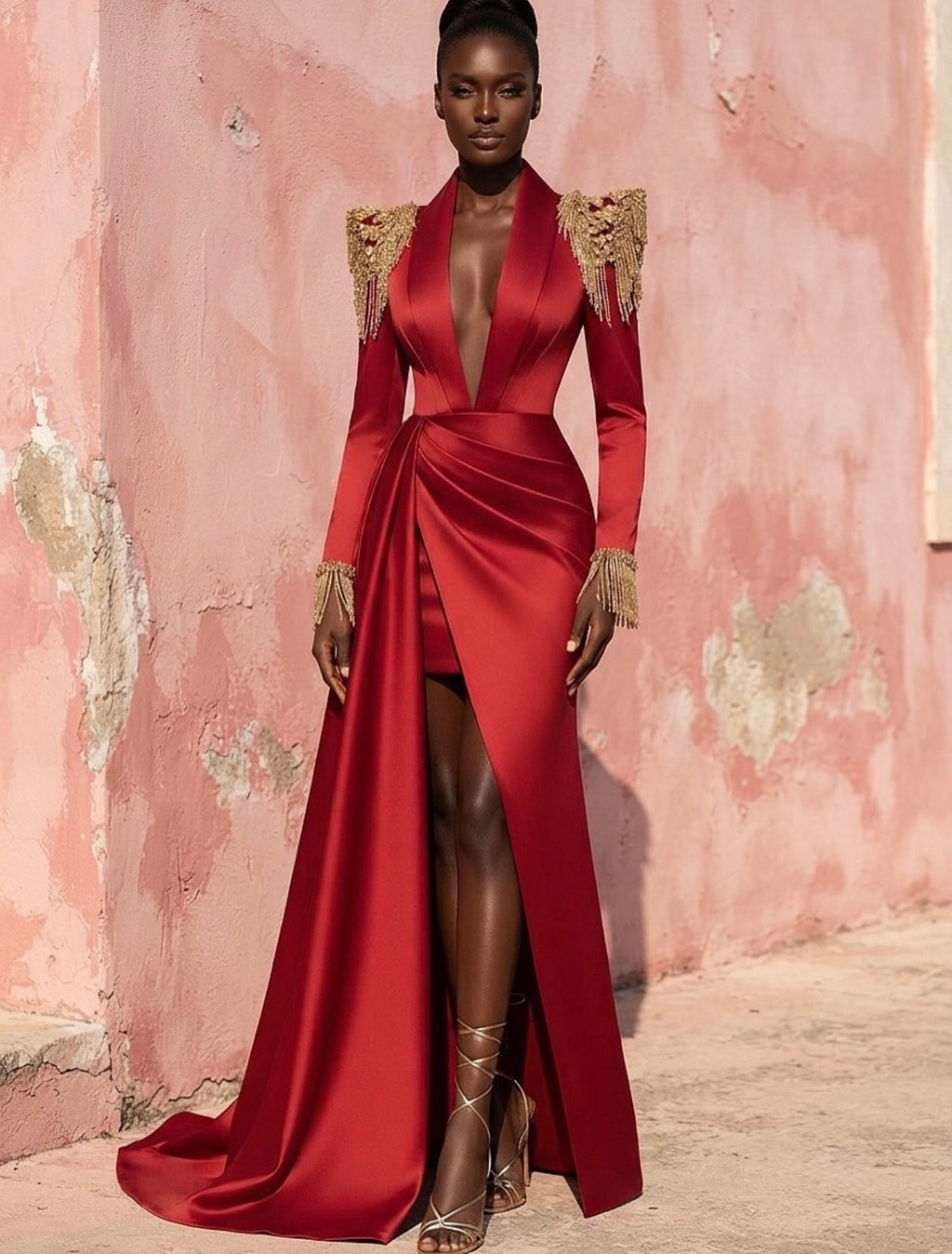 Red Blazer Gown with Gold Embellishments