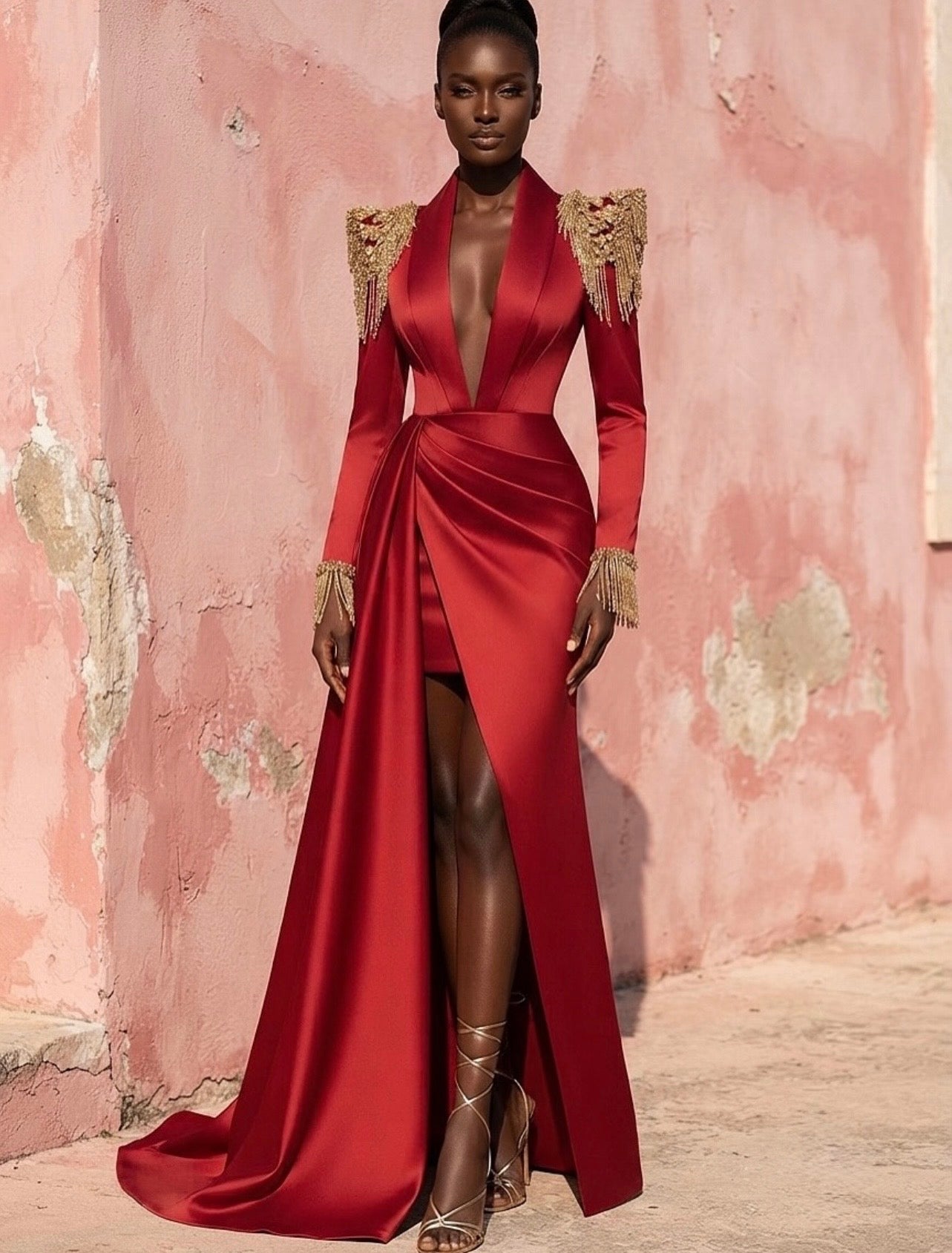 Red Blazer Gown with Gold Embellishments