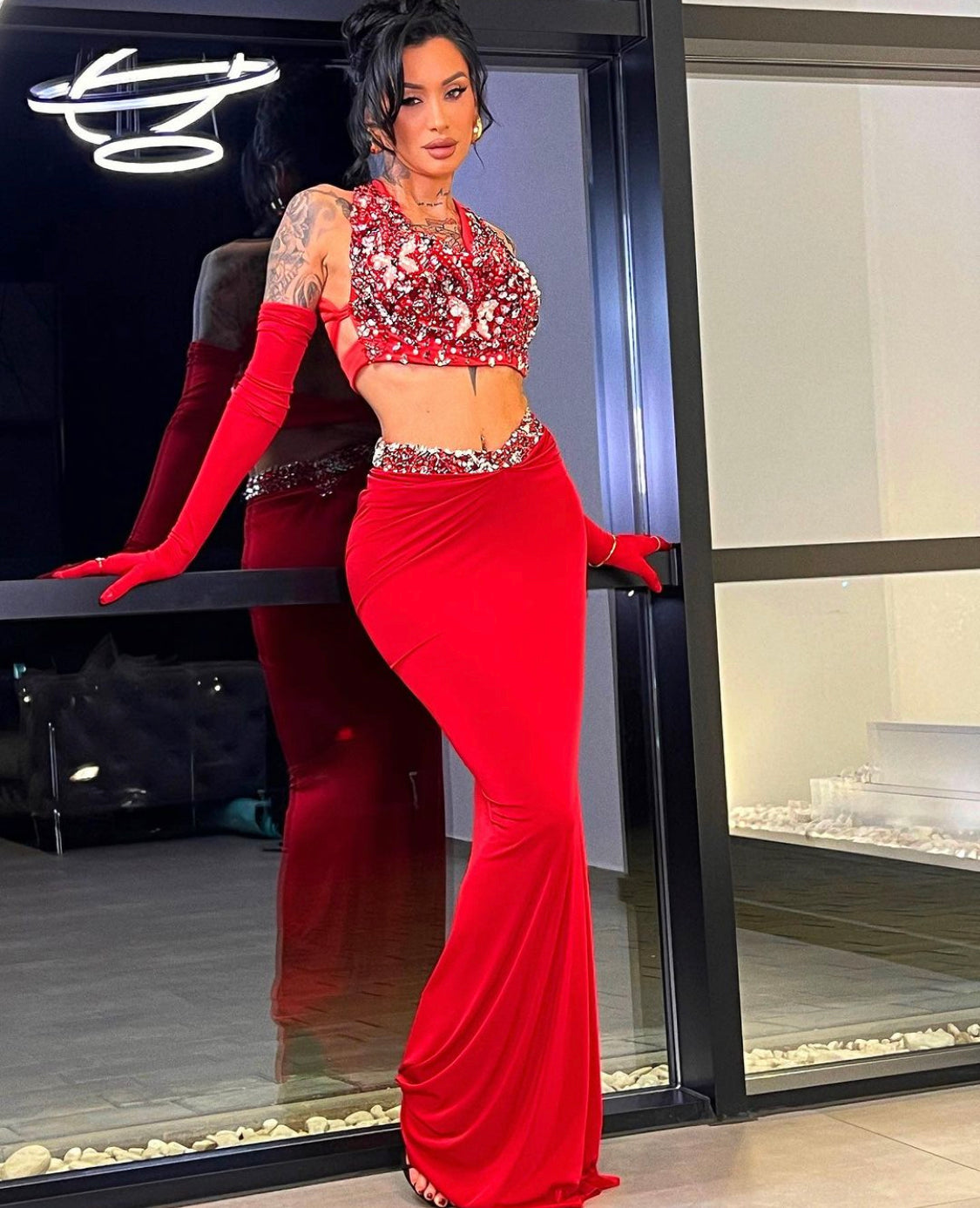 Red Crystal Top & Stretchy Skirt Set
