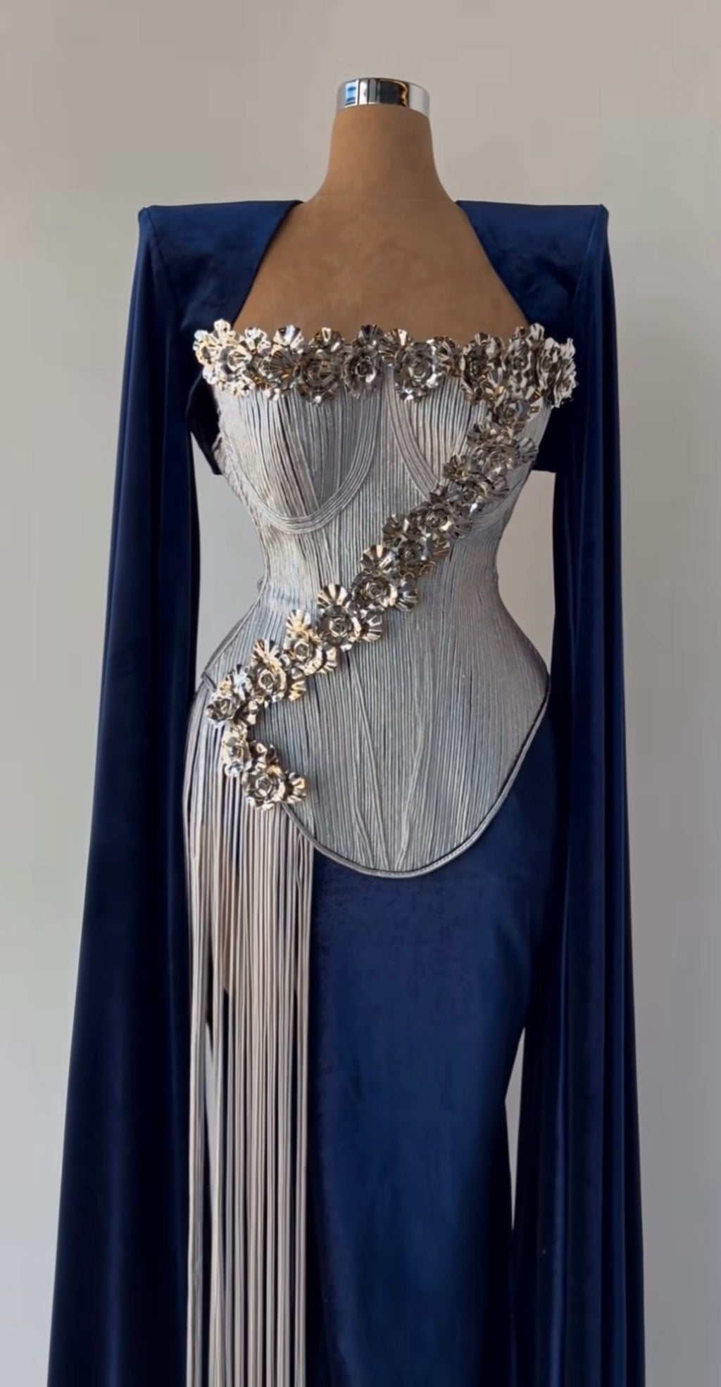 Silver Floral Corset & Blue Velvet Set