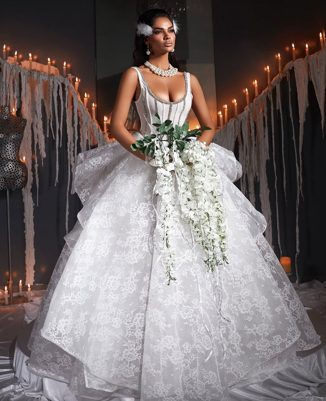 White Lace Assymetrical Wedding Gown