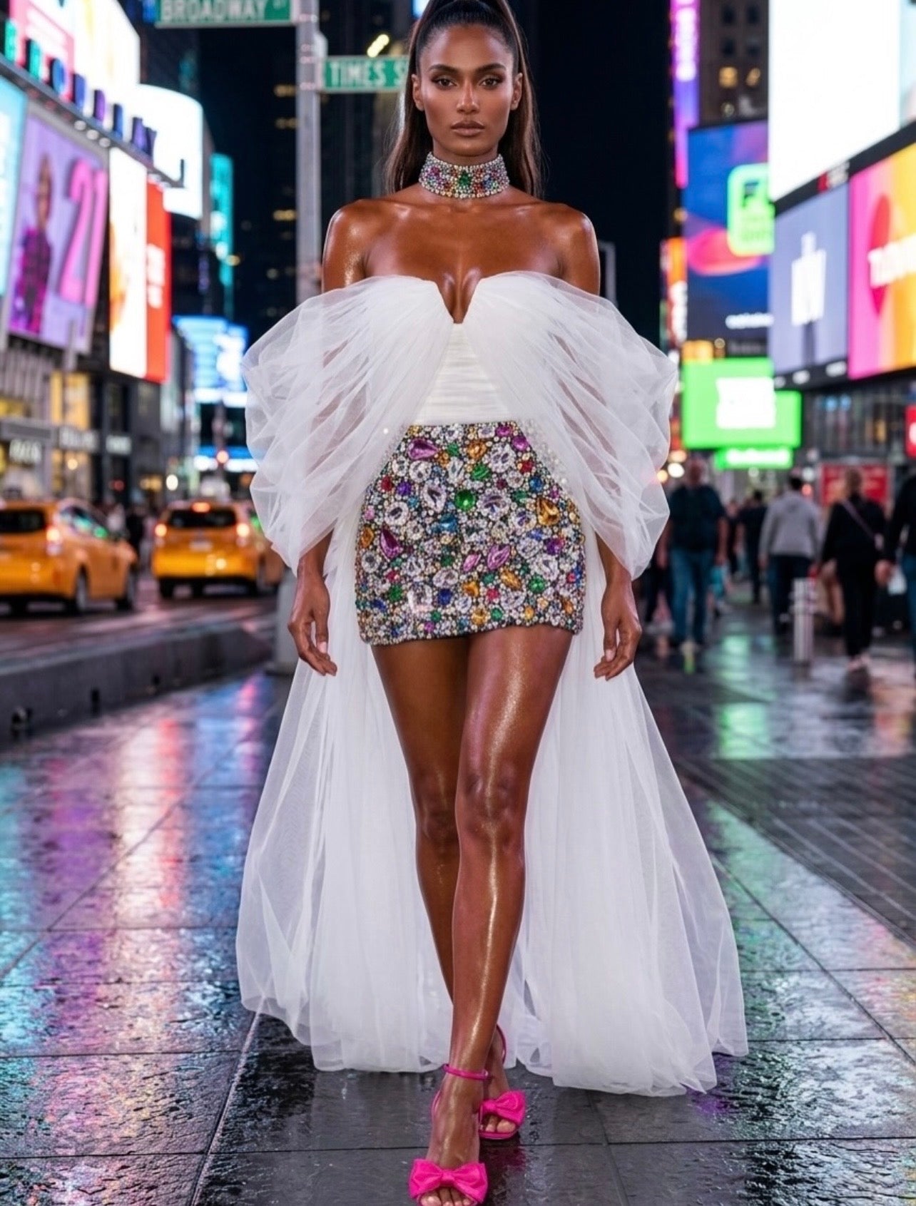 Crystal Embellished Skirt & White Cape Top
